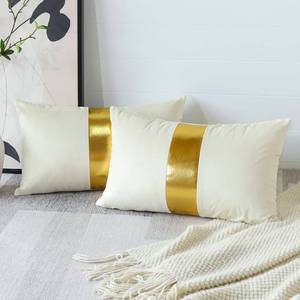 lot 12028 image: Artscope White Beige Velvet Throw Pillow Covers with Gold Leather Stitching Luxury Modern Minimalist Square Pillowcase Cushion Covers for Bed Couch Sofa 12x20Inch Set of 2 - Retail $12