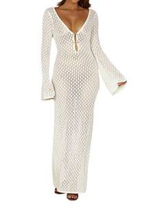 lot 12042 image: Leoparts Crochet Swimsuit Cover Up for Women Sexy V Neck Hollow Out Backless Maxi Dress Beach Bikini Coverup Dresses - Retail $30