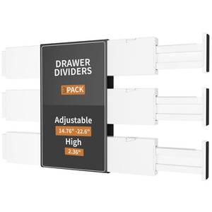 lot 12043 image: Canfanni 3 Pack Drawer Dividers, 2.36 High, 14.76-22.36 Adjustable Drawer Divider for Clothes, Plastic Dresser Organizer for Bedroom, Closet, Clothes, Office, Kitchen Storage - Retail $9