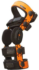 lot 12046 image: KGOI ELITE Knee Support Brace, Flexible, Adjustable with Stainless-Steel Gear Hinges for Ligament, Sports Injuries, Arthritis, Pain Relief, for Men and Women, Orange, Size 19 - Retail $170