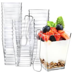 lot 12051 image: Eupako 50 Pack 5 oz Square Clear Plastic Dessert Cups With Spoons - Small Tumbler Cups for Appetizers, Puddings, Mousse - Retail $13