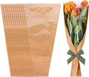 lot 12098 image: 50Pcs Flower Wrapping Bags Kraft Paper with Ribbon Floral Packing Sleeves Bouquet Bags Clear Flower Wrapping Sleeves for Wedding Birthday Graduation Anniversary Mothers Day Gift, 9.8x3.9x17.9 Inch - Retail $17