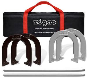 lot 12104 image: YDDS Horseshoes Outside Game Set-Portable Outdoor Horseshoe Set Includes 4 Professional Solid Steel Horseshoes with Solid Steel Stakes & Carrying Bag, Perfect for Backyard and Beach - Retail $54