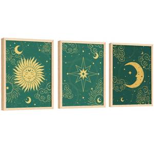 lot 12105 image: EXCOOL CLUB Boho Celestial Decor - 12x16 Green Gold Sun and Moon Wall Art, Moon and Stars Tarot Card Prints, Vintage Celestial Poster for Home Bedroom (UNFRAMED) - Retail $7