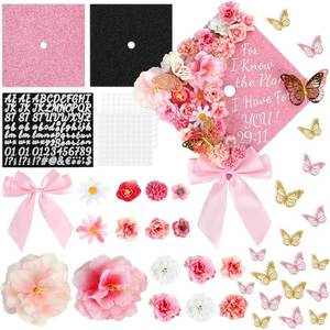 lot 12113 image: 55 Pcs Pink DIY Graduation Cap Decorations Faux Assorted Flowers Pink Bows 3D Butterfly Stickers Glitter Alphabet Letter Number Decals for DIY Hat Grad Cap Topper Graduation Party Supplies - Retail $24