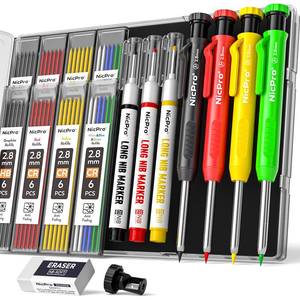 lot 12120 image: Nicpro 4 Pack Carpenter Pencils with Sharpener, Construction Mechanical Pencil Set with 52 Refills, Heavy Duty Working Tools, Long Nib Marker Pens for Architect Marking (Red, Black, Yellow, Green) - Retail $18