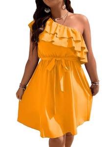 lot 12121 image: Floerns Womens One Shoulder Tiered Layered Sleeveless Ruffle Trim Tunic Dress Mustard Yellow 1XL - Retail $13