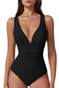 lot 12130 image: QINSEN One Piece Bathing Suit for Women Tummy Control V Neck Swimsuit High Waist Monokini Black L - Retail $37