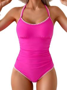 lot 12139 image: Eomenie Womens One Piece Swimsuit Tummy Control Slimming Bathing Suit Ruched Swimwear Tie Back Shell Stitch Swim Suit Hot Pink - Retail $38