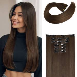 lot 12148 image: Flufymooz 6PC Clip in Hair Extensions 24 Straight Long Extensions for Women Synthetic Hairpiece (Chestnut Brown) - Retail $14