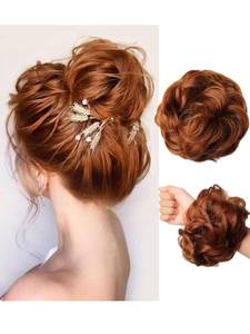 lot 12166 image: WZNBBOY Messy Bun Hair Piece Hair Bun Wavy Curly Scrunchies Chignon Ponytail Hair Extensions Fake Hair Bun Extensions Synthetic Tousled Updo Hairpieces for Women (Light Auburn) - Retail $10