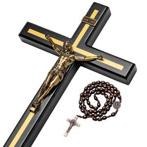 lot 12185 image: KUXBET 12 Inch Wall Crucifix With Wooden Cross Necklace, Catholic Wooden Jesus Christ Wall Hanging for Home Decor - Retail $26