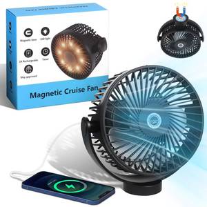 lot 16257 image: Magnetic Cruise Fan with 8000mAh Rechargeable Battery, LED Light, Timer&Power Output, Magnetically Sticks on Cabin Ceilings and Walls, Ship Approved Cabin Air Circulator - Retail $32