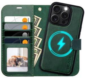 lot 16264 image: OCASE for iPhone 16 Pro Max Case Detachable Wallet Case with Card Holder, 2 in 1 Pu Leather Flip Folio with RFID Blocking Stand Wrist Strap Shockproof Phone Cover 6.9 Inch 2024, Blackish Green - Retail $30