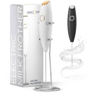 lot 16282 image: Milk Frother White - Coffee Frother Handheld with Electric Whisk - 19000 rpm - Book Recipes and Stainless Steel Stand Included - Hand Mixer Electric (White and Gold) - Retail $13