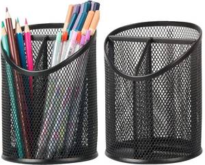 lot 16283 image: Delifox 2 Pack Pen Holder Mesh Round Pencil Holder Desktop Organizer 3 Compartments, Black - Retail $14