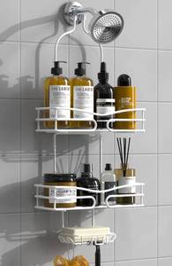 lot 19205 image: DAOYA Shower Caddy Hanging - Bathroom Shower Organizer with Soap Holder & 6 Hooks for Towels Shower Rack Over Shower Head Shower Shelf for Inside Shower White - Retail $22