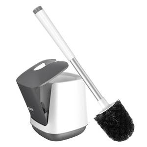 lot 19206 image: SetSail Toilet Brush and Holder, Self Closing Lid Toilet Bowl Brushes Holder and Extra Long Handle Ventilated Toilet Brush Set for Bathroom Cleaning, Nylon Bristles, White & Grey - Retail $10