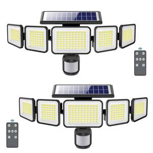 lot 19209 image: 4000LM Solar Lights outdoor, 5 Adjustable Heads Solar Motion Sensor Lights, 236 LEDs 3 Brightness Mode, Waterproof Security Wall Lights, Remote Control Flood Lights for Graden, Backyard, 2 Pack - Retail $40