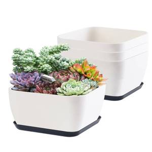 lot 19213 image: Succulent Pots 6 Inch Shallow Herb Planters with Drainage Hole - 4 Packs Cactus Planter for Home Office Garden Plants Pot Present - Plants Not Included (Off White) - Retail $16