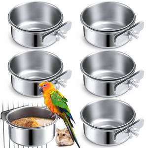 lot 19215 image: Sabary 6 Pcs Stainless Steel Bird Bowls for Cage 10 oz Bird Feeding Dish Cups Parrot Food Water Bowls with Clamp for Parakeet African Greys Conure Cockatiels Lovebird Budgie Chinchilla - Retail $20