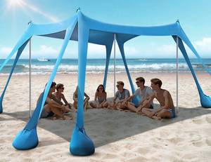 lot 19217 image: Rengue Beach Tent, Beach Canopy UPF50 UV Protection, 10x10ft Beach Shade Sun Shelter with 8 Sandbags, Sand Shovels, Ground Pegs, Stability Poles for Camping, Fishing, Picnics, Backyard Fun, Sky Blue - Retail $80