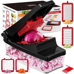 lot 1001 image: Geedel Vegetable Chopper, Onion Chopper Pro Food Chopper, Kitchen Vegetable Slicer Dicer Cutter Grater, Veggie Chopper with container for Salad Onion Potato Carrot (4 in 1, Red) - Retail $20