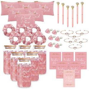 lot 1033 image: Bridesmaid gifts, Bridesmaid Proposal Gifts, Maid of Honor Gifts contain 16oz Glass Cups Cosmetic Makeup Bags Invited Cards Scrunchies Hair Knotted Bracelets Diamond Pens love clip (pink ) - Retail $34