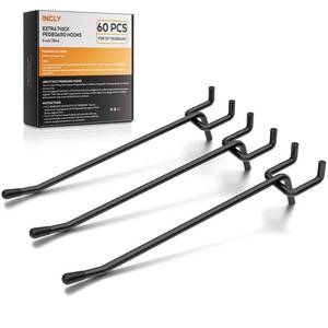 lot 1045 image: INCLY 60 Pack 6 Inch Black Pegboard Hooks, 14 Heavy Duty Peg Board Shelving Hooks Accessories, Peg Board Tool Hangers Only Fit 14in Pegboard Hanging Tools Garage, Craft Organizing, Kitchen, Store - Retail $25in