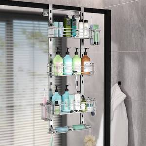 lot 1048 image: HapiRm Hanging Shower Caddy Organizer - Shower Shelf with 22 Hooks and 2 Toothbrush Holders, No Drilling Adjustable Hanging Bathroom Organizer - Silver - Retail $43