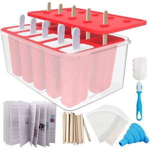 lot 1058 image: Miaowoof Homemade Popsicle Molds, 10-Cav Non-BPA Silicone Ice Pop Maker, with 50 Sticks, 50 Bags, 10 Reusable Sticks, Funnel, Brush and Ice Pop Recipe (RedBin) - Retail $28
