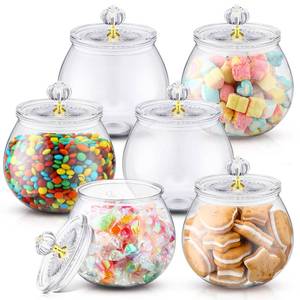 lot 1060 image: Nuogo 6 Pcs Plastic Candy and Cookie Jar with Lids Decorative Apothecary Jars Candy Buffet Containers Clear Airtight Food Storage Canister Home Decoration(30 oz,Stylish) - Retail $32