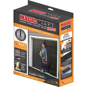 lot 1065 image: Magic Mesh Garage Door Screen, Black  Magnetic Closure, Breezy Net, Mosquito and Bug Screen for Standard 2 Door Garage, Kid and Pet Friendly  Size 108 (W) x 82in (H) (Pack of 1) - Retail $30in