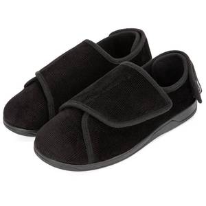 lot 1930 image: HomeTop Mens Corduroy Slippers Comfy Adjustable Hook and Loop Memory Foam Wide Indoor House Shoes for Diabetic Swollen Feet Black,14 US - Retail $33