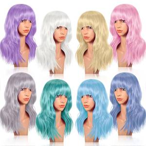 lot 1950 image: Crowye 8 Pcs 12 Colorful Party Wigs Shoulder Length Wigs for Women Wavy Bob with Air Bangs Curly Short Synthetic Colorful Costume for Cosplay Bachelorette Party(Light Color) - Retail $48in