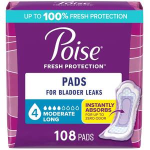 lot 1960 image: Poise Incontinence and Postpartum Pads for Bladder Leaks, 4 Drop Moderate Absorbency, Long Length, 108 Count, Packaging May Vary - Retail $29