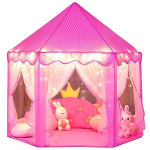 lot 1961 image: wilwolfer Princess Castle Play Tent for Girls Large Kids Play Tents Hexagon Playhouse with Star Lights Toys for Children Indoor Games (Pink) - Retail $27