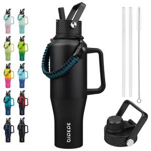 lot 1965 image: BJPKPK Insulated Water Bottles with Straw Lid, 40oz Metal Water Bottle with 2 lids and Paracord Strap, Double Wall Stainless Steel Tumbler with Handle, Reusable Cups, Mugs, Thermo, Black - Retail $18