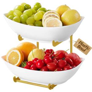 lot 1966 image: Lifewit Plastic Fruit Bowl Basket for Kitchen Countertop, 2 Tier Fruit Holder with Gold Metal Stand, Serving Tray for Food, Vegetable, Cake, Dessert in Party - Retail $27
