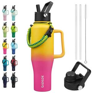 lot 1969 image: BJPKPK Insulated Water Bottles with Straw Lid, 40oz Metal Water Bottle with 2 lids and Paracord Strap, Double Wall Stainless Steel Tumbler with Handle, Reusable Cups, Mugs, Thermo, Pink and Yellow Rose - Retail $25