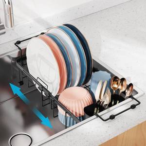 lot 1970 image: iSPECLE Small Sink Dish Drying Rack, Capacity Expandable Narrow Dish Drainer for RV Apartment Kitchen with Utensil Holder, Black - Retail $22