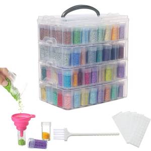 lot 1972 image: Douorgan 4-Tier Diamond Painting Storage Containers Portable Bead Organizer and Storage Box Stackable Arts and Crafts Organizers for Nail Charms Seed, 176 Round, Funnel, Stickers - Retail $30