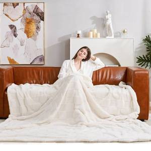 lot 1975 image: Cozy Bliss Checkered White Large Faux Rabbit Fur Twin Bed Blanket, Soft Fuzzy Fluffy Minky Cream Furry Blankets for Couch, Bed, Adults (60  80 Inches Ivory) - Retail $59