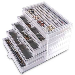 lot 1982 image: Frebeauty Extra Large Acrylic Jewelry Box for Women 5 Layers Clear Jewelry Organizer Velvet Earring Box with 5 Drawers Rings Display Case Necklaces Holder Tray for Women Girls (Grey) - Retail $30