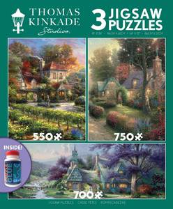lot 1988 image: Ceaco - 3 in 1 Multipack - Thomas Kinkade - Clocktower Cottage - 550, 750, 700 Piece Panoramic Jigsaw Puzzles - Retail $18