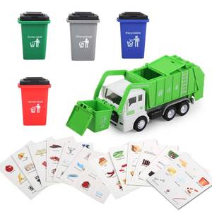 lot 1996 image: FIVEDAOGANG Small Friction Powered Garbage Truck Toys Set, Includes Front Load Dumpster, 4 Trash Bins and Trash Learning Cards for Kids - Retail $12