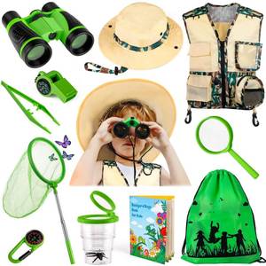 lot 2044 image: INNOCHEER Kids Explorer Kit and Bug Catcher Kit and Safari Costume Kit, Outdoor Exploration Set with Hat, Vest, Butterfly Net and Bugs Book for Boys Girls 3-12 Years Old (Camouflage Green) - Retail $21