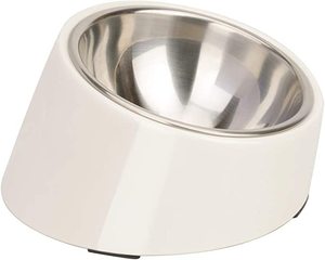 lot 2050 image: SuperDesign Mess Free 15° Slanted Bowl for Dogs and Cats, Tilted Angle Bulldog Bowl Dog Feeder, Non-Skid and Non-Spill, Easier to Reach Food S0.5 Cup White - Retail $33
