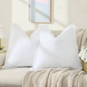 lot 2052 image: ZWJD Pillow Covers 18x18 Set of 2 White Throw Pillow Covers with Fringe Chic Cotton Decorative Pillows Square Cushion Covers for Sofa Couch Bed Living Room Farmhouse Boho Decor - Retail $27