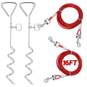 lot 2064 image: Amylove 2 Pcs Dog Tie Out Cable and Stake, 16 ft Outside Dog Leash Cable Chain for Medium to Large Dogs up to 125 Lbs,18in Heavy Duty Reflective Spiral Stake for Yard Camping Running Play (Red) - Retail $23